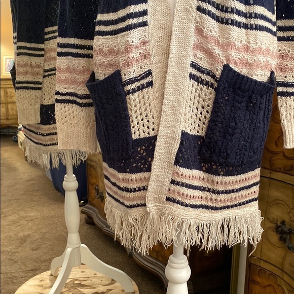 New Directions Cozy Blue and Cream Cardigan - Picture 3 of 13